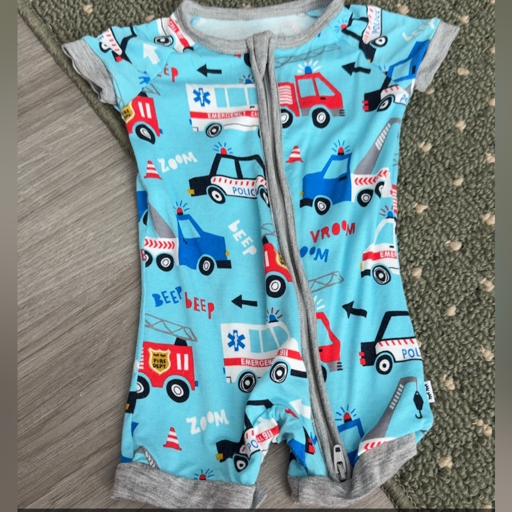 Little Sleepies Blue and Gray Emergency Vehicle Romper